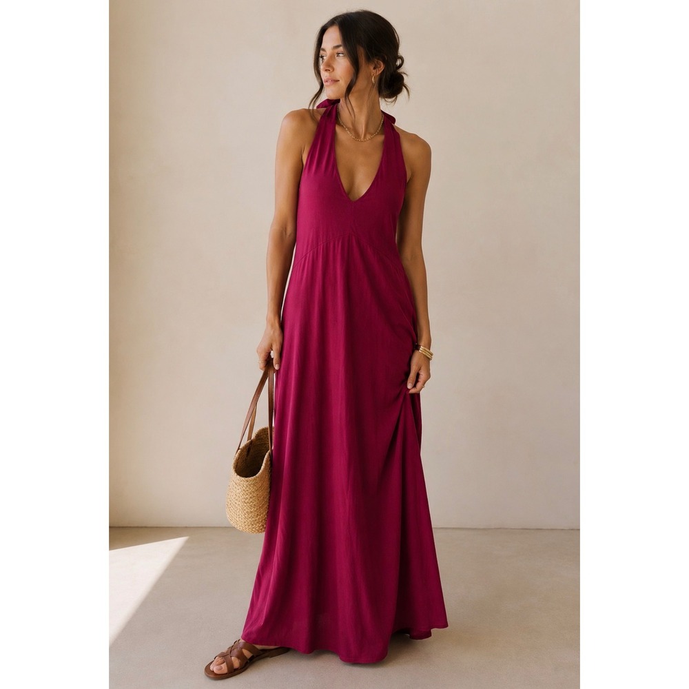 Shebird Halter Maxi Dress Berry Pink Built-in Bra Size 3 S/M Travel Beach Resort
